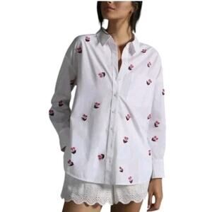 Maeve Anthropologie Womens Floral Embroidered Bennett Button Up Shirt Size L